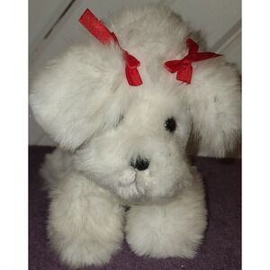 Vintage Rare Stuffed Poodle Dog Plushie Ribbons Collar Wind Up Music Box *Works*
